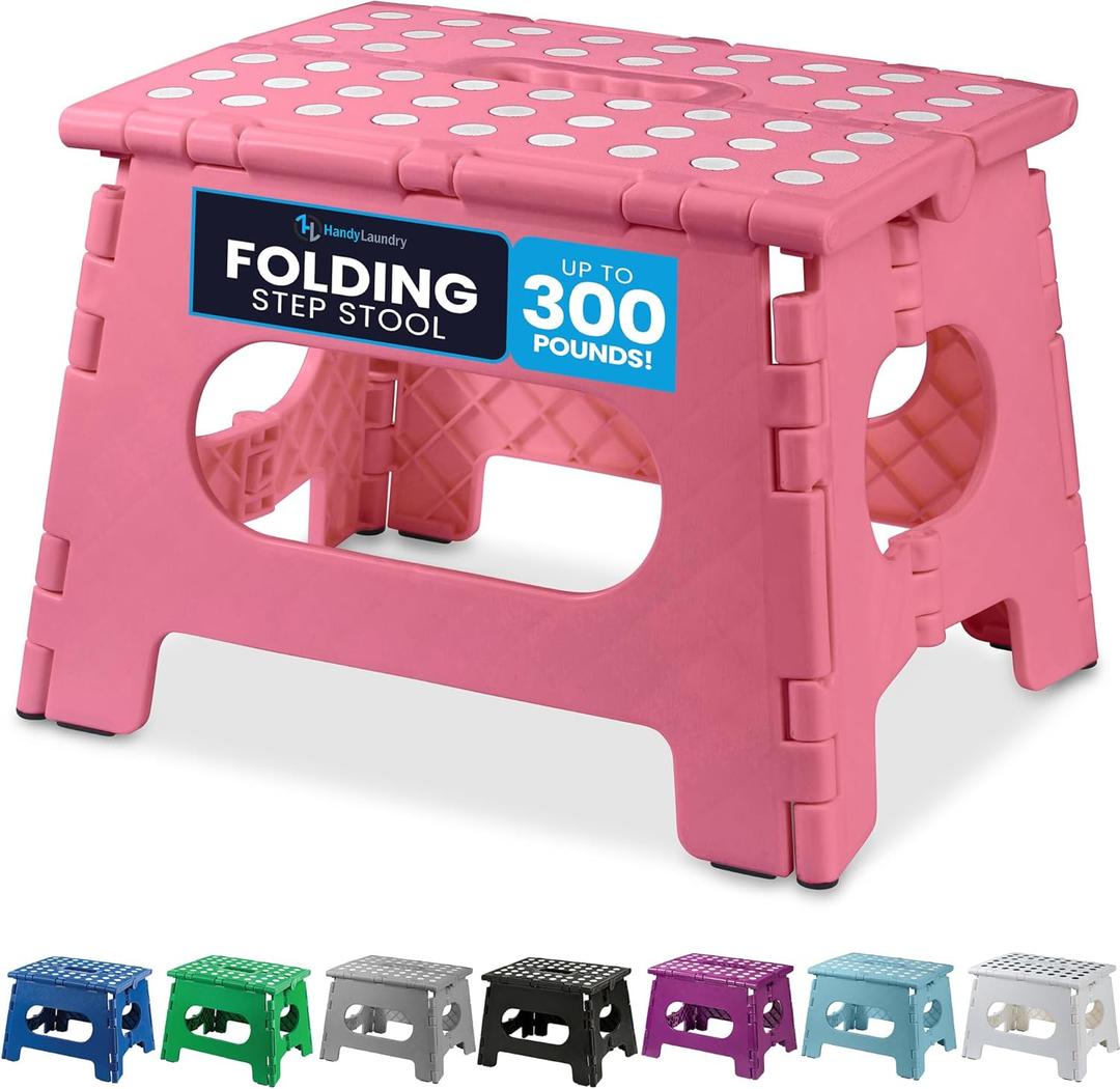 Handy Laundry Folding Step Stool - The Lightweight Step Stool is Sturdy Enough to Support Adults and Safe Enough for Kids. Opens Easy with One Flip. Great for Kitchen, Bathroom or Bedroom. (Pink) (9-Inch)