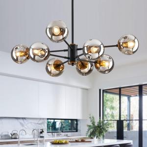 8-Light Sputnik Black Chandelier with Globe Glass Black and Gold Pendant Lights Bubble Light Chandeliers for Dining Room Farmhouse Kitchen Living Room Bedroom Office (8-light)