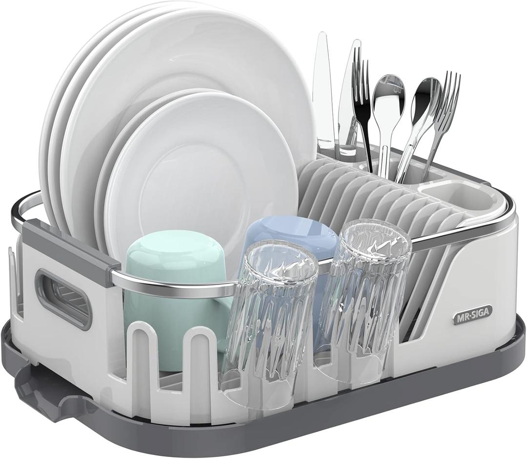 MR.SIGA Dish Drying Rack for Kitchen Counter, Compact Dish Drainer with Drainboard, Utensil Holder and Cup Rack, Plastic Kitchen Drying Rack for Dishes, Cups, Knives, Spoons and Forks, White (15 x 11.8 x 5.3 Inch, White)