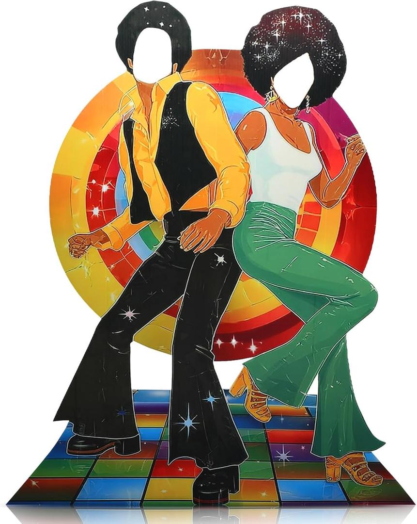 Amyhill 5 ft 70s Disco Couple Cardboard Cutout Stand up Disco Theme Party Decoration Retro Faceless Life Size Photo Prop Dance Couple Backdrop for Groovy Party 1970s Dance Theme Decor