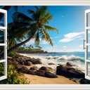 3D Self-Adhesive Painting Fake Window Wall Stickers Tropical Island with Palm Trees Wall Mural Window View Wall Decor for Home (A, 36"24")