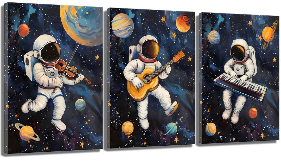 3Pcs Nursery Space Astronaut Canvas Wall Art Cute Astronaut Musician Decor Pictures Music Funny Piano Guitar Violin Posters Prints for Boys Room Girls Room Kids Room Decoration, 24L" x 16W"