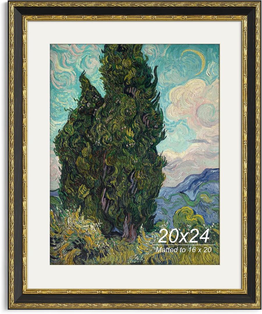 Yaetm 20x24 Vintage Picture Frame, Ornate Antique Gold 20x24 Frame for Wall, White Mat for 16x20 Photos, 1.4-inch Wide Molding - Portrait or Landscape - Wall Mount for Home (Black/Gold, Single)