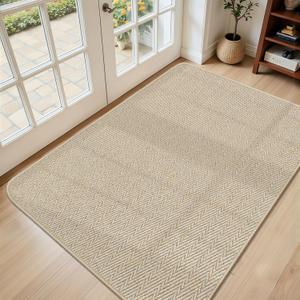 Ultra Thin Door Mat Indoor Entrance 36"x59", Low-Profile Indoor Door Mat, Large Non Slip Entry Mat Rubber Backing Unique Herringbone Design Inside Doormat Dirt Trapper Entryway Mats, Beige (Khaki)