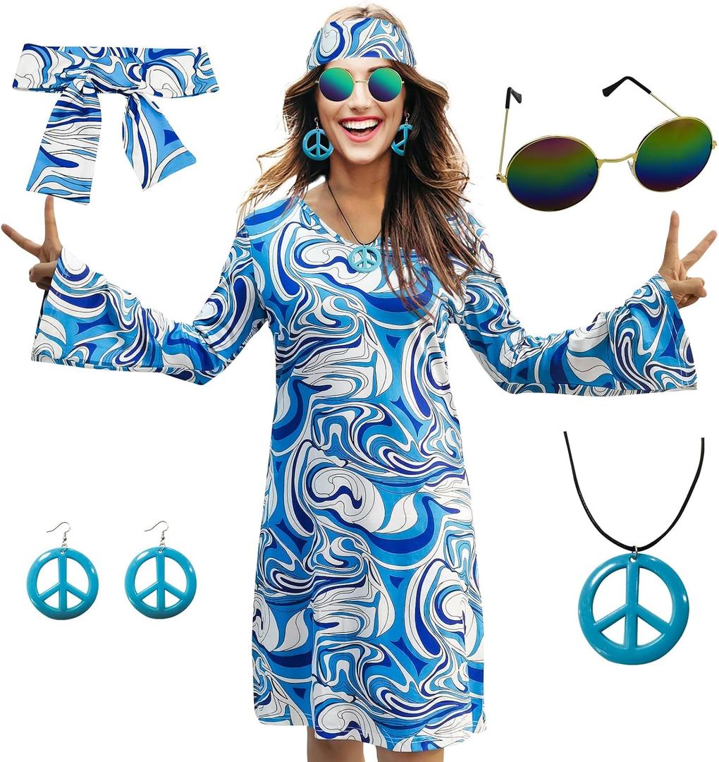 70s Hippie Dress Costumes Necklace Earrings Sunglass Women Disco Outfit, 60s Party Costume, Halloween Retro Dresses (Blue, L)