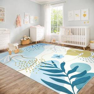 Capslpad Area Rugs 5x7, Boho Rug for Living Room, Washable Rugs, Low Pile Soft Non-Shedding, Blue Botanical Print Rug for Bedroom, Office, Classroom, Nursery, Dining Room
