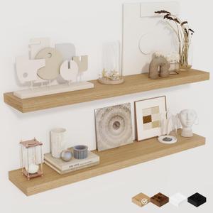 un Memories Floating Shelves for Wall, 36" Rustic Wood Deep Wall Mounted Shelves with Invisible Brackets for Decor & Storage, Floating Shelf for Living Room, Bathroom (Oak, Set of 2)