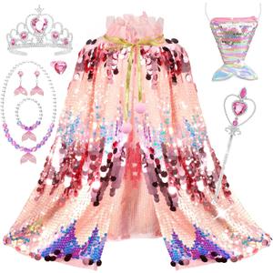 Princess Dress Up Toys Mermaid Dress Up Cape Kit 9 Pcs Gift Set for Little Girls 3-8 Years Old (Pink)