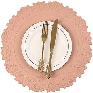 Noctiflorous Round Faux Leather 15 Inch Placemats Set of 4 Waterproof Wipeable Heat Resistant Tablemat for Dining Table Kitchen Non Slip Oilproof Table Place Mat for Indoor Outdoor(Pink, 4)