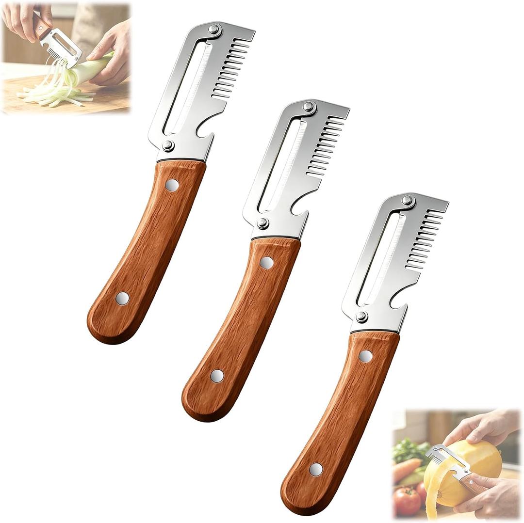 3 x Vegetable Peeler for Kitchen,Multifunctional Vegetable Peeler With Wooden Handle And Bottle Opener,Vegetable Peelers,2-in-1 Stainless Steel Kitchen Tool for Fruit Apple Potato Pumpkin Papaya(3pcs)