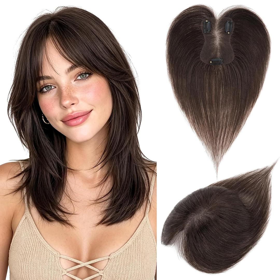 Human Hair Toppers For Women Dark Brown Topper Hairpieces For Thinning Hair Short Straight Middle Part Side Bangs Clip In Wiglet 11 inch 16g #02