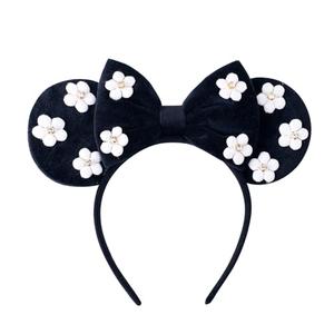 PAITTY Pearl Mouse Ears Bow Headbands for Girls Kids Sparkle Hair Band Ear Headband Party Princess Trip Cosplay Costume Decor (Black Flower)