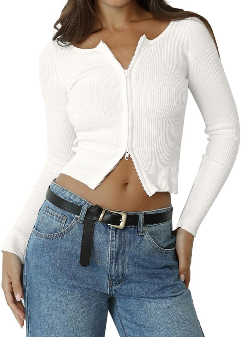 REORIA Womens Fall Trendy Double Zip Up Long Sleeve Soft Knit Lightweight Cropped Cardigan Sweaters (S, White)