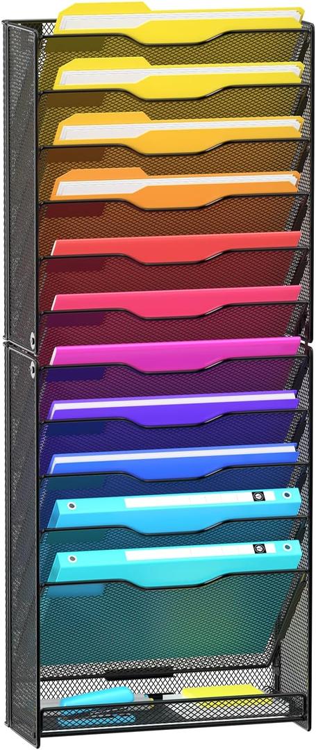 12 Tier Wall File Organizer, Mesh Letter Magazine Mail Wall File Holder Rack Hanging File Organizer With Flat Tray For Office Home, Black