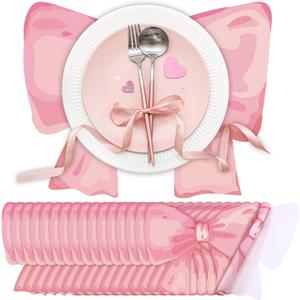 Tinlade 50 Pack Disposable Bow Placemats Coquette Bow Table Mats Slice 13.8 Inches Decorative Paper Placemats for Birthday Bridal Wedding Party Table Setting (Pink)