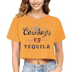 Cowboy Western Crop Shirt for Women Country Music Shirt Vintage Graphic Print Cowgril Rodeo Tee Country Party Tops (YellowTequila XL)