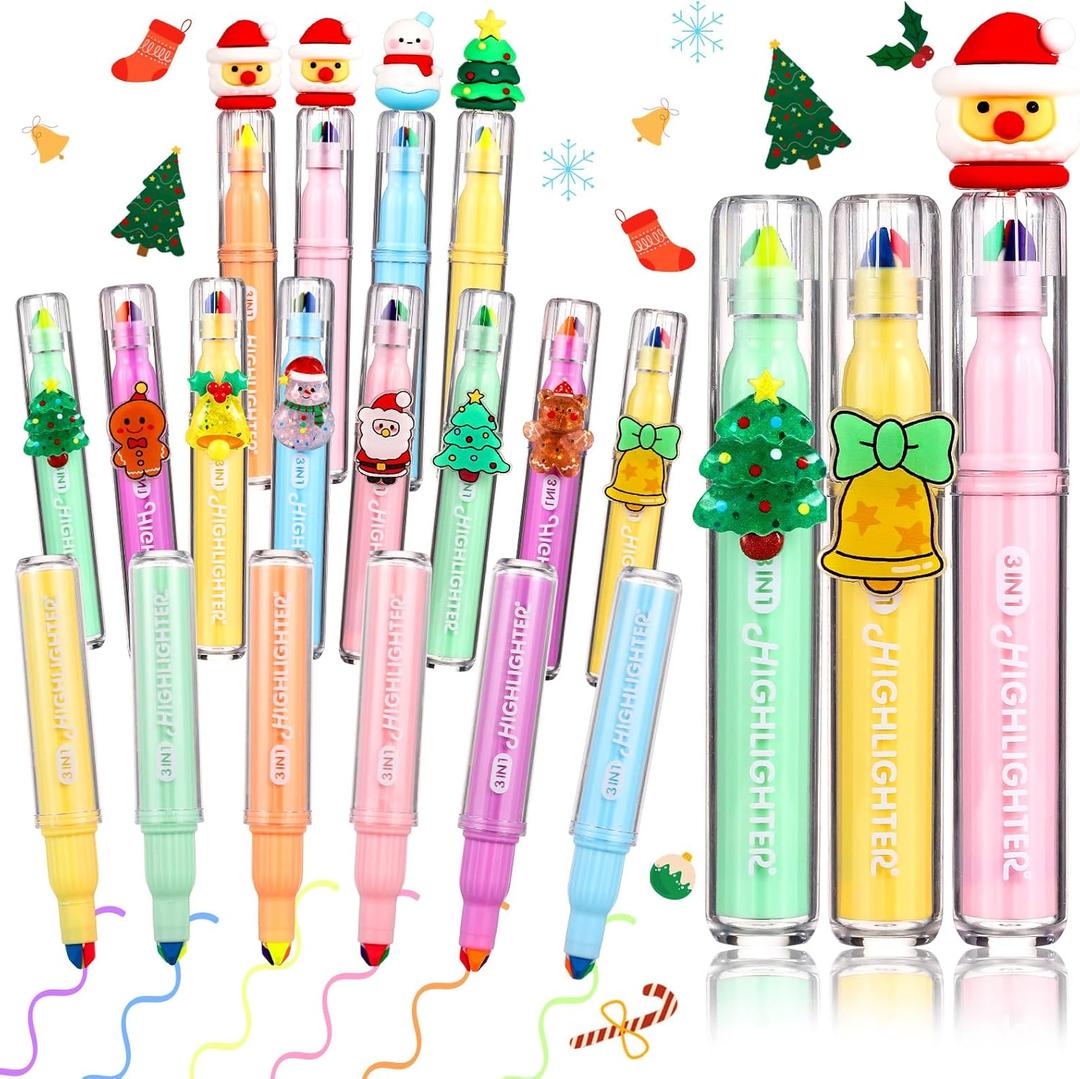 Spiareal 12 Pcs Christmas 3-in-1 Highlighters Pens Bulk Multicolor Xmas Highlighter Marker Christmas Tree Santa Claus Snowman Fluorescent Pens for Holiday Gifts Xmas Stocking Fillers (Novelty Style)
