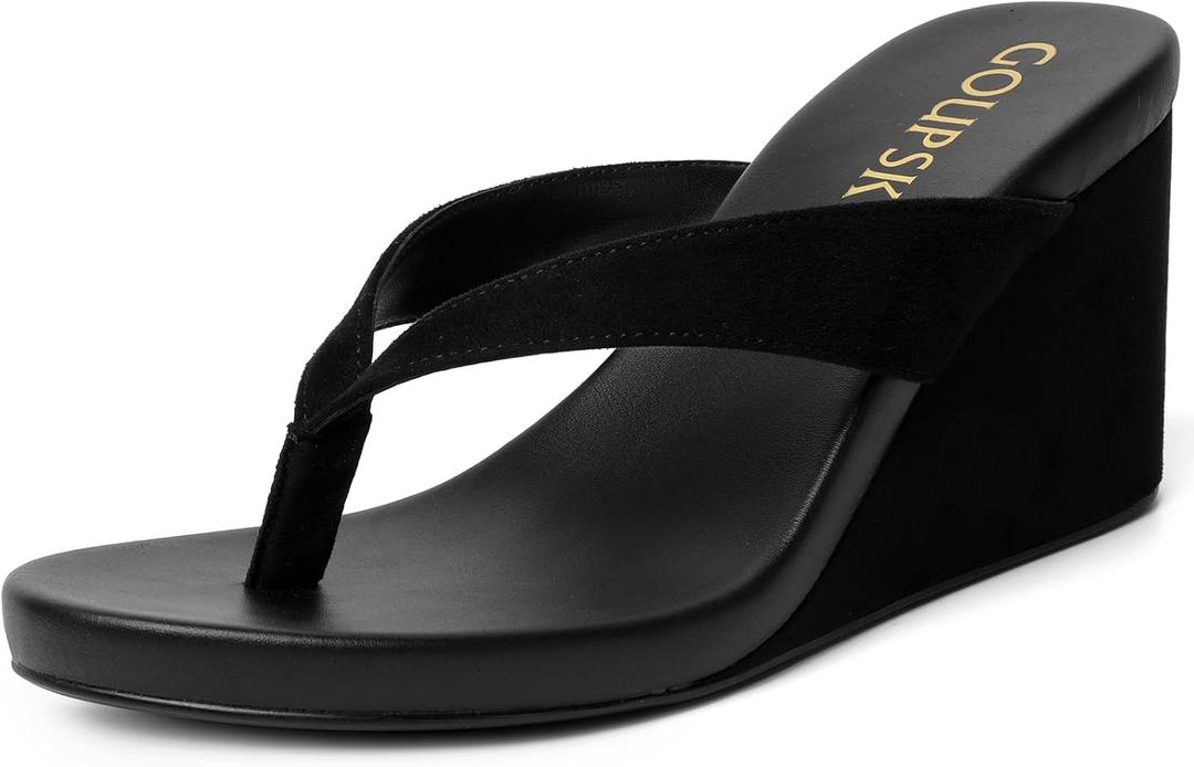 Suede Wedge Flip Flops for Women Open Round Toe Platform Sandals Slip On Comfortable Wedge Heels Sandals for Summer Vacation Beach Shoes (Black, 7)