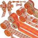 Whaline 8 Rolls 40 Yards Fall Thanksgiving Ribbons 2 & 1 Inch Orange Plaids Pumpkin Leaves Wired Edge Ribbon Rustic Autumn Harvest Craft Ribbon for Wreath Bow DIY Crafts Wrapping