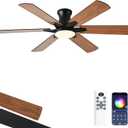 52 Inch Ceiling Fans with Lights, Low Profile Ceiling Fan with Light and Remote, Quite DC Motor,Flush Mount, 3CCT, Dimmable, Brown RGB Ceiling Fan for Bedroom, Living Room, Indoor/Outdoor Use