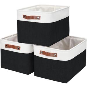 Storage Bins Large Fabric Storage Baskets for Shelves 3 Pack, Decorative Linen Closet Baskets with Handles for Organizing, Shelf, Clothes, Home, Office, 15x11x9.5Inches (Black&White)