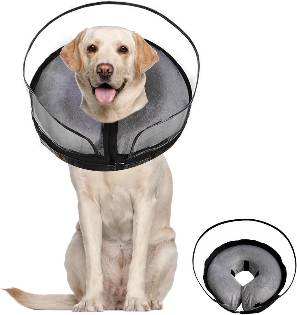Inflatable Dog Cone Collar-Enhanced Anti-Licking Protective Cone with Adjustable Strap-Soft Dog Donut Collar Recovery Cone for Pets After Surgery(Grey, M) (M(Neck:8''-11''))