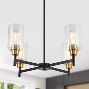 Black Chandelier Fixture with Clear Glass Shades, 4 Light Black Chandelier for Farmhouse Dining Room, Foyer, Hallway, Living Room, Bedroom (23.62'')