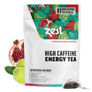 Zest Energy Green Tea  Pomegranate Mojito High Caffeine Tea Bags for Focus & Morning Energy  Natural Caffeinated Tea with 135mg Caffeine  Coffee Substitute  20Ct Pack, Non-GMO & Keto Friendly