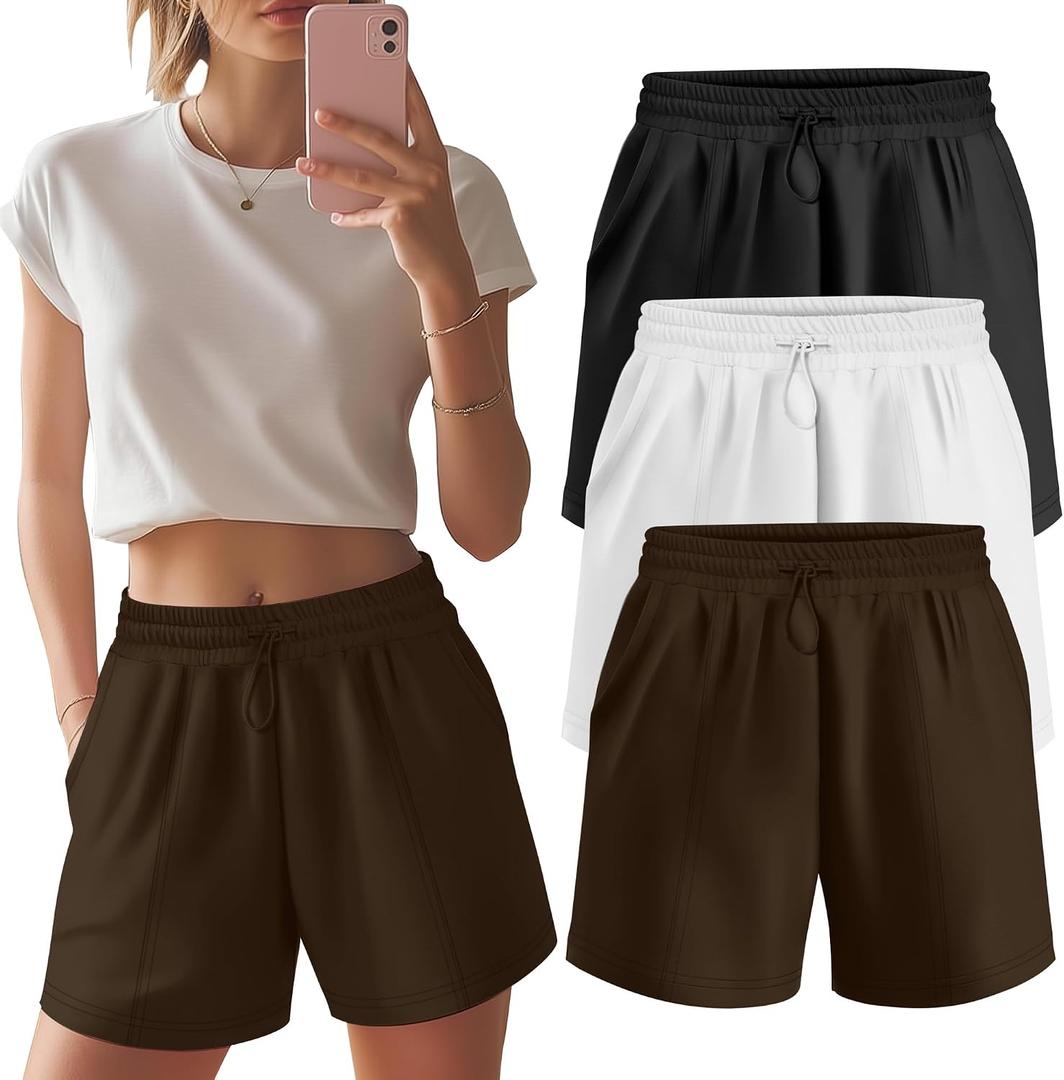 Neer 3 Pack Women's High Waist Sweat Shorts | Casual, Summer, Athletic, Adjustable, Shockcord, Lounge, Pockets (L)