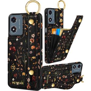 Petitian for Moto G Play 2024 Case with Wallet - Women Girls Cute Girly Aesthetic Unique Design Leather Credit Card Holder Cardholder Stand Wristband for Motorola G Play 2024, Grow Flower