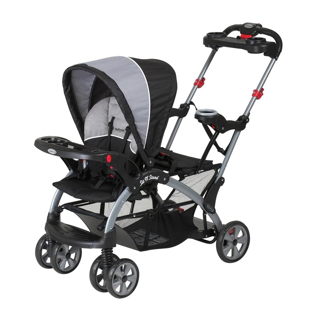 Baby Trend Dual Stroller with Adjustable Canopy, Storage Basket and Cup Holders, Sit N' Stand Ultra, Phantom – Foldable Infant and Toddler Tandem Stroller and Travel System