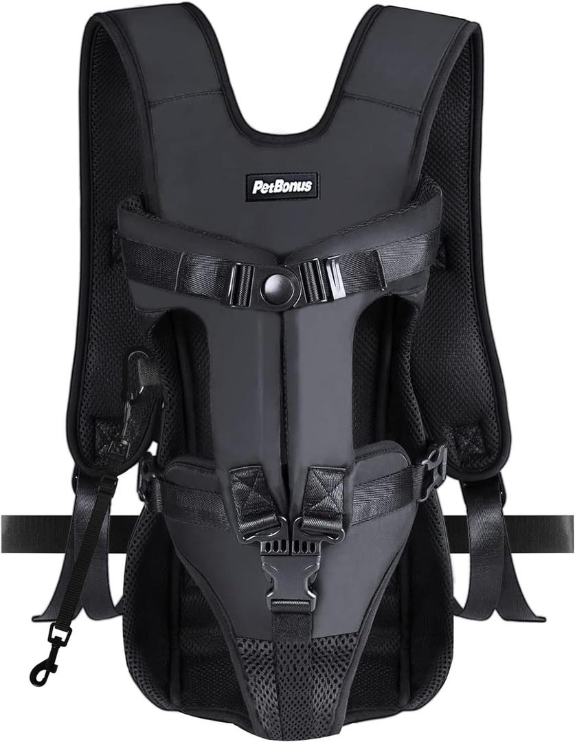PetBonus Pet Front Dog Carrier Backpacks, Adjustable Pet Backpack, Legs Out Easy-fit Puppy Chest Carrier for Medium Small Dogs, Hands Free for Hiking, Cycling (Black, L)