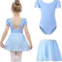 Bezioner Ballet Leotard for Girls with Removable Skirt Ballet Dress Puff Sleeve Dance Leotard Ballerina Outfit for Girls (8-10 Years, Blue)