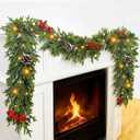 6FT Pre-lit Christmas Cedar Garland with 20 Warm White LEDs Timer Red Berries Pinecones and Soft Vine, Lighted Christmas Garland for Mantle, Table, Fireplace, Wall, Stairs, Indoor, Outdoor Xmas Decor