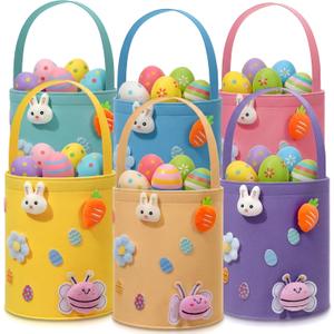 Breling 6 Pcs Large Easter Egg Basket Bulk Easter Bunny Baskets with Handles Reusable Felt Bucket for Candy Gifts Storage Party Favors 10 x 9 x 9 Inch(Pastel)