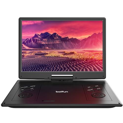15.7" Portable DVD Player with 14.1" Large HD Screen, 6 Hrs Rechargeable Battery, FM Out, Sync TV, USB, SD Card and Multiple Disc Formats, Dual Speaker, Black