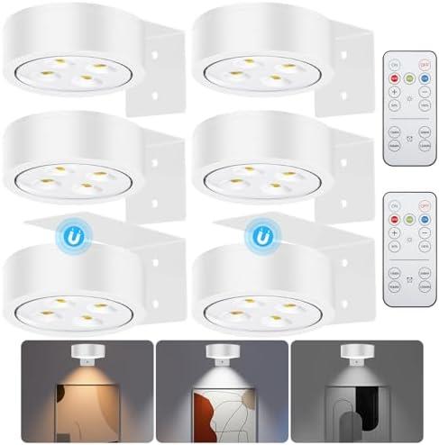 SIXDEFLY Picture Lights for Wall, 3 Lighting Modes Magnetic Art Display Light,Battery Operated Led Painting Light with Remote Control Dimmable & Timer,6Pack White