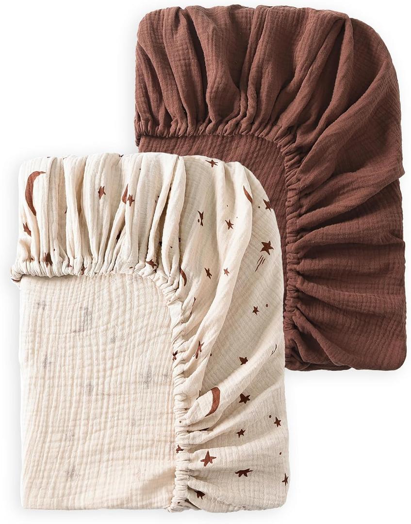 TADO MUSLIN Baby Crib Sheets 2 PCS, 100% Organic Cotton Crib Sheet for Standard Crib Mattress(52x 28), Fitted and Soft Breathable Muslin Crib Mattress Sheet for Girl and Boy (Star, Brown)