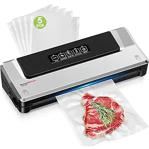Bonsenkitchen Vacuum Sealer Machine | Compact Food Sealer for Kitchen Storage & Meal Prep | Multiple Modes​​ | External Vacuum System | 5 Bags, Silver​​