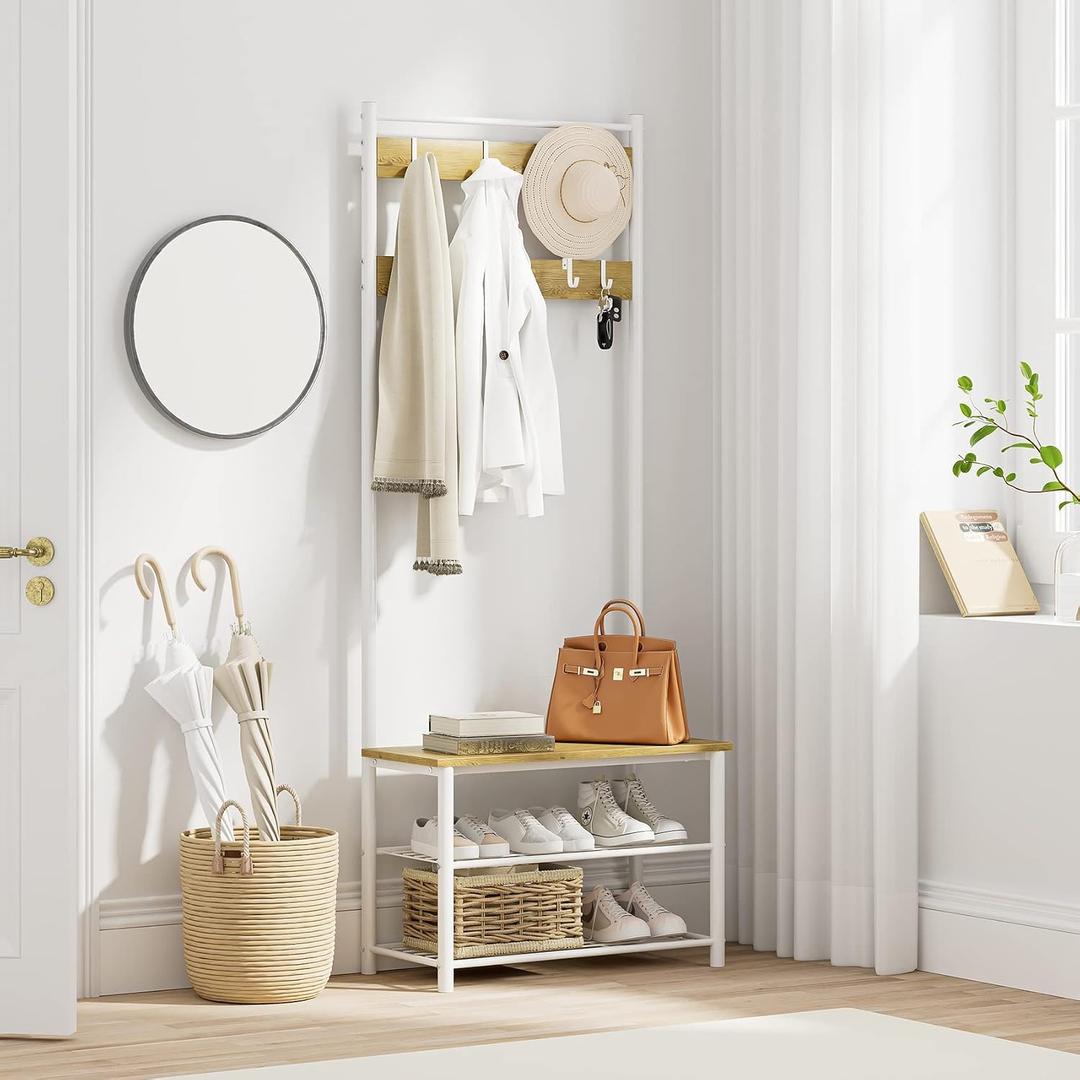 Hall Tree with Bench and Shoe Storage, 3-in-1 Coat Rack Shoe Bench, Freestanding Wooden Coat Rack with Metal Frame, 3-Tier Storage Shelf and 9 Removable Hooks, White/Walnut