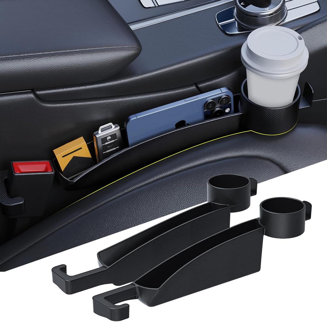 2 x Car Seat Gap Filler Set of 2, Upgraded Car Side Seat Gap Fillers with Organizer, Cup Holder & Hook Function, Inserts Between Front Seats Console Catcher 4in1 Gap Stopper Fill Plug Storage Box (Black)