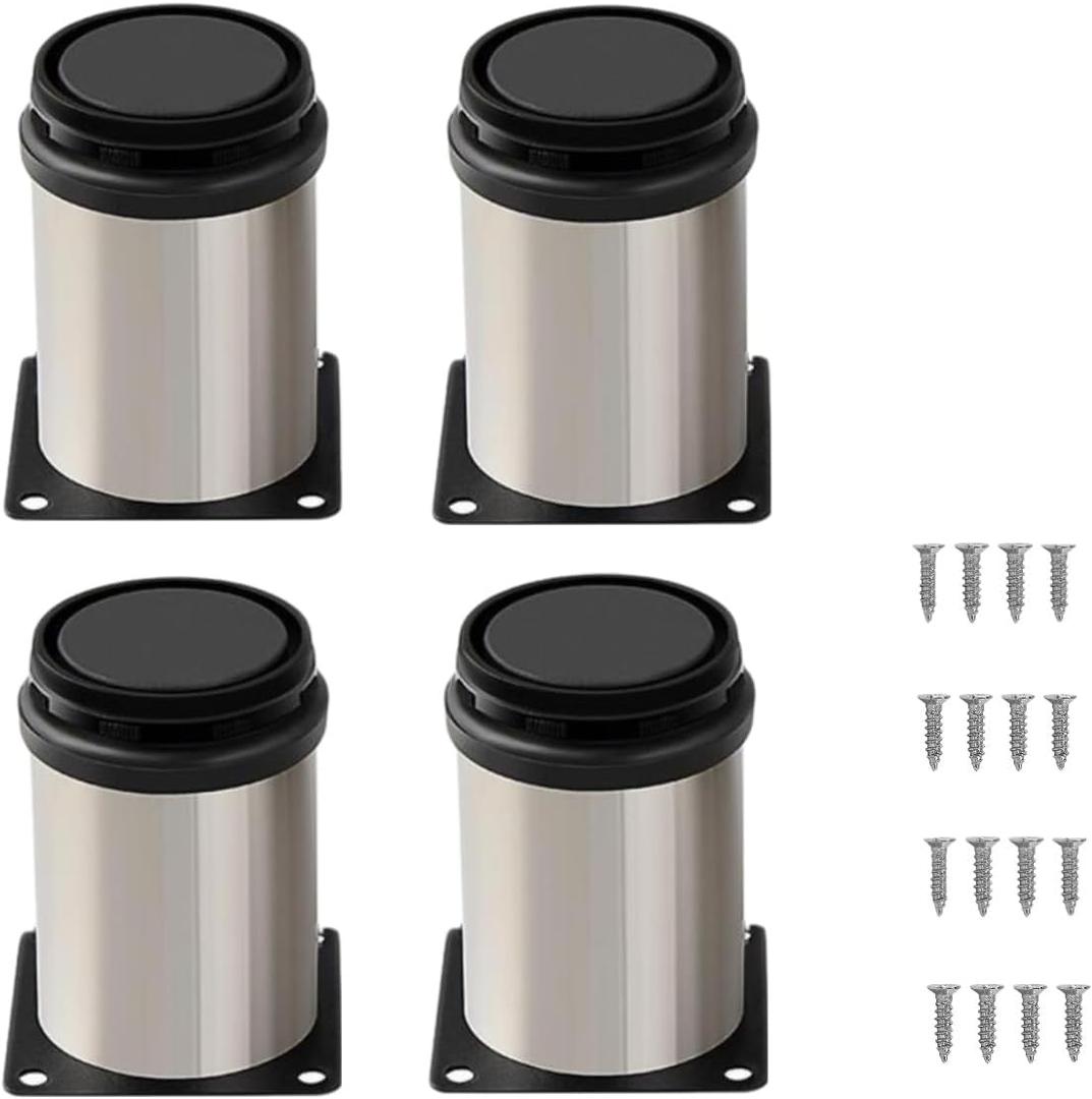 4 Inch Metal Furniture Legs - Adjustable, Stainless Steel, Silver Round, Ideal for DIY Projects: Cabinets, Desks, Coffee Tables, Shelves, and Bed Frames