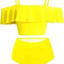 Kaei&Shi High Waisted Flounce Bikini Set,Tummy Control Swimsuits for Women,Off Shoulder (X-Large, Pure Yellow)