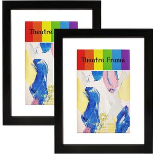 2 Packs, 8.5x11 Black Theatre Frame with Double White Mats, Real Glass, Theatre Bill Frame, Holds 5.5x8.5-inch Media, 7/8 inch deep moulding, Wall or Tabletop Display