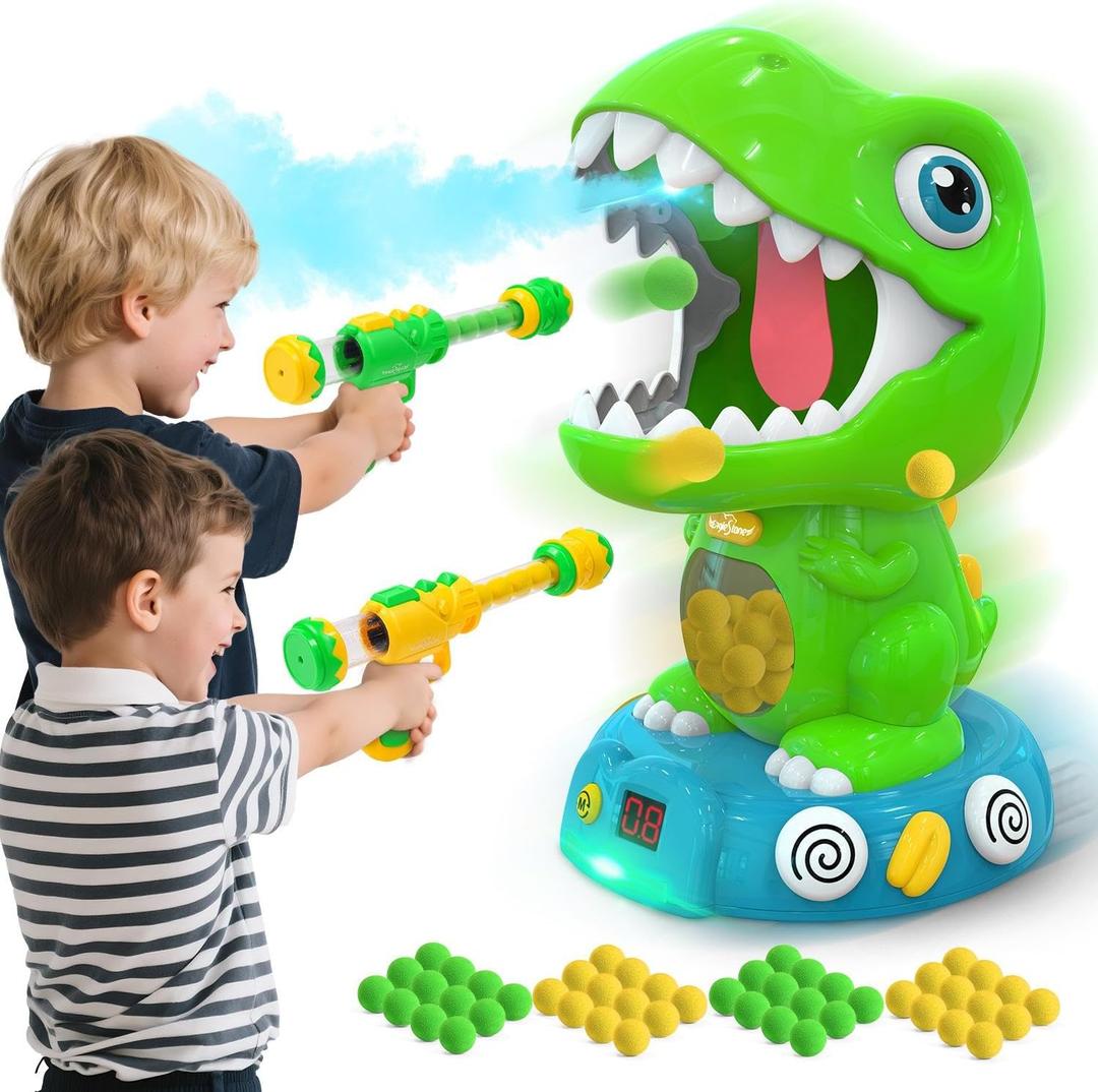 EagleStone Movable Dinosaur Shooting Toys for Kids 5-7 with Spraying, Electronic Target Game Toy with 2 Pump Guns, 48 Foam Balls, Party Favor Christmas Toys with Score Record, Sound (8b-green)