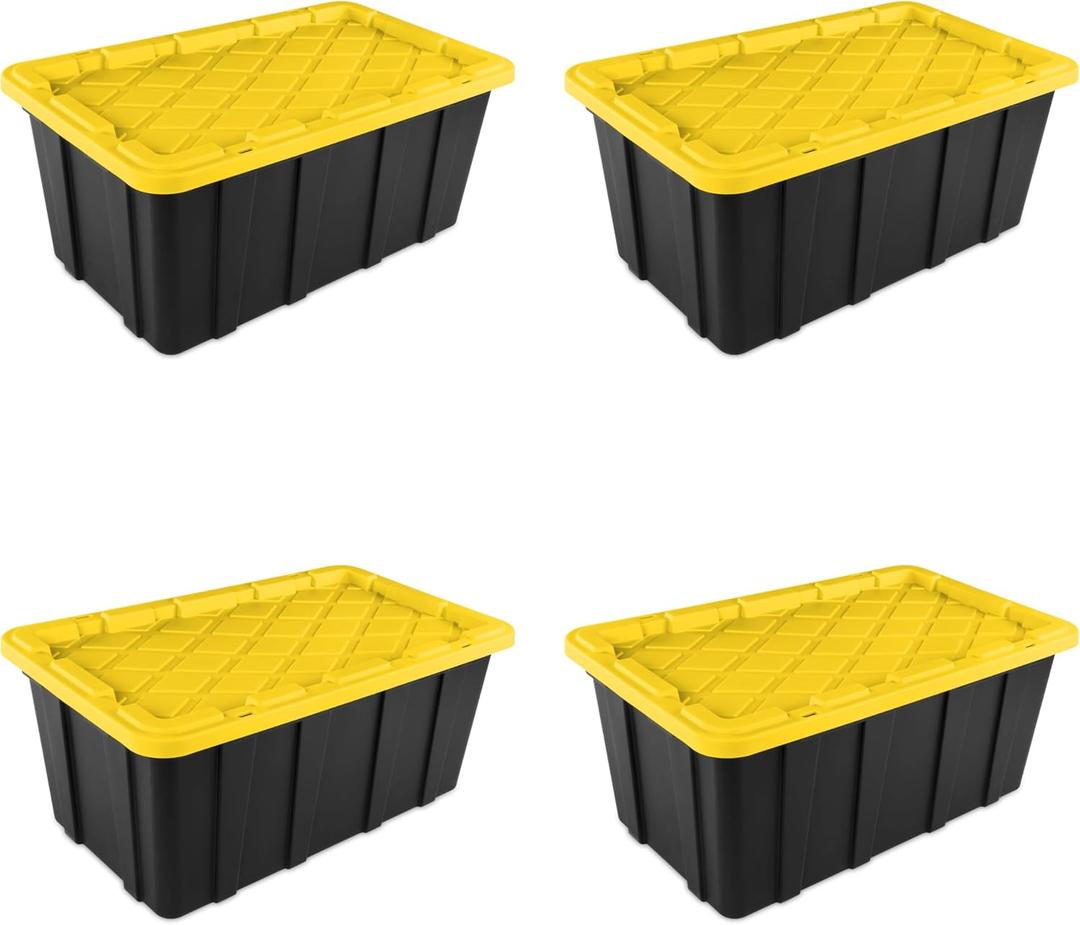 Sterilite 38 Gal Industrial Tote, Stackable Storage Bin with Snap-Fit Lid for Garage, Basement & Attic Storage, Black Base and Yellow Lily Lid, 4-Pack