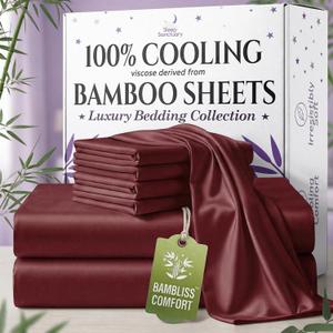 SLEEP SANCTUARY 100% Viscose Derived from Bamboo Sheets Full 6pcs  BamBliss Luxury Cooling Sheets for Hot Sleepers - Cloud Soft, 17" Deep Pocket, Ultra Durable Bed Set (Burgundy)
