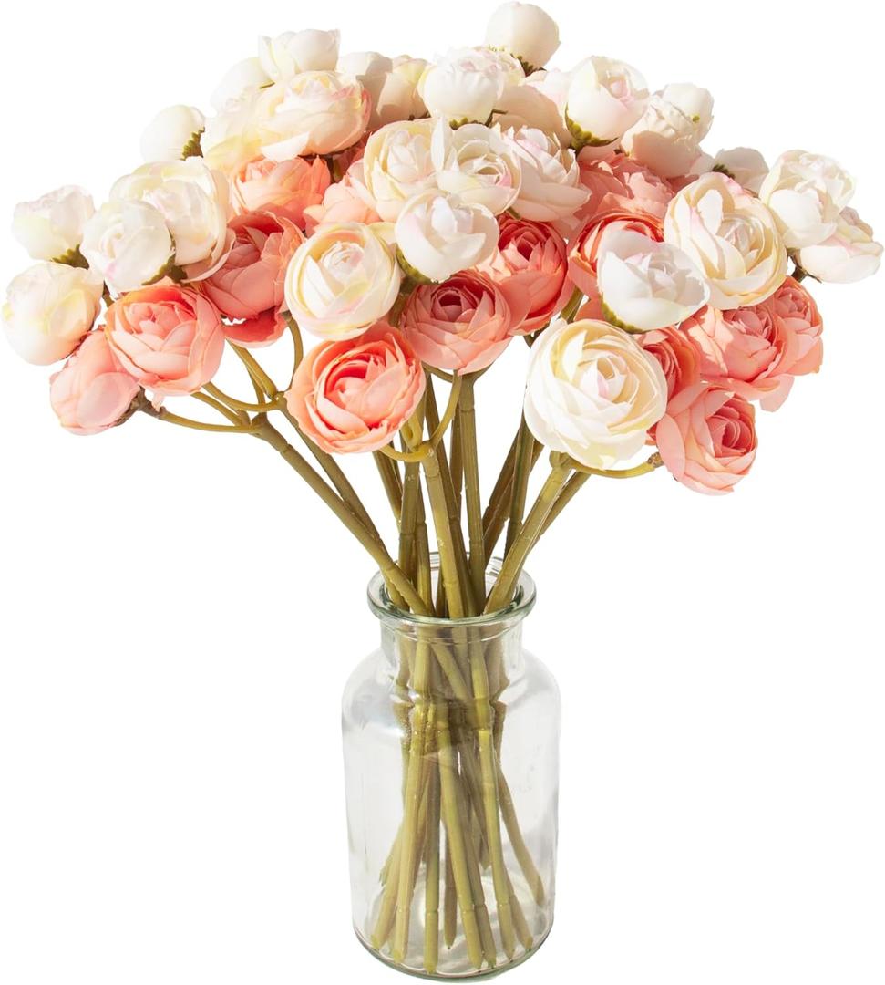 Hananona 18 Pcs Artificial Silk Rose Flowers Ranunculus Bouquet Fake Pink Peony for Home Decorations,Weddings (Pink, 2)