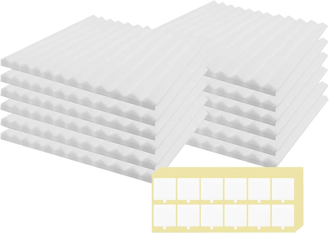 SK Studio 50 Pack Acoustic Foam Panels, 12"x12"x1" Wedge Sound Absorbing Panels High Density Fire Resistant Sound Proof Padding with 60 PCS Adhesives for Record Studio, KTV, Office, Garage, White