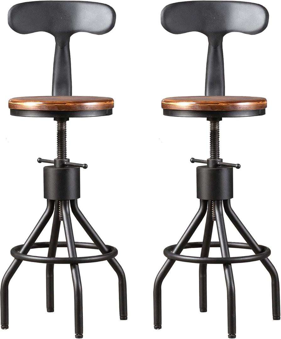 LOKKHAN Set of 2 Rustic Industrial Bar Stool-24-30 Tall Adjustable Metal Swivel Wooden Top Barstools-Counter Height Bar Height-Vintage Farmhouse Kitchen Breakfast Cafe Stool-with Backrest (Brown Seat Top/Black Base)